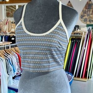 SOHO Apparel Women's Geometric Halter Strap Cropped Knit Top Brown Blue White L